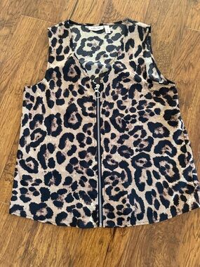 Sleeveless Leopard Print Zip-Front Tank Top - Beige/Black